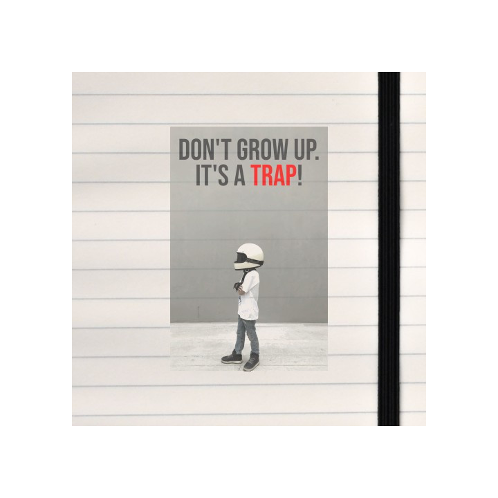 A bold, humorous design featuring a kid wearing a helmet, directed to anyone who refuses to take adulthood too seriously.