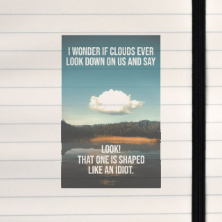 A serene landscape meets sharp wit as a lone cloud humorously judges human shapes from above.