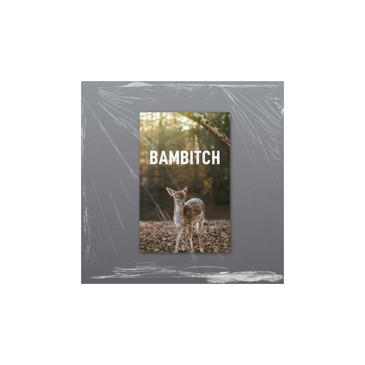 A bold and playful forest‑themed design featuring a young deer in warm woodland light, contrasted with a cheeky, modern text ove