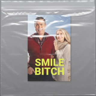 A cheerful beach photo of a couple is overlaid with bold, abrasive text, creating a jarring contrast between the warm scene and