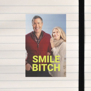 A cheerful beach photo of a couple is overlaid with bold, abrasive text, creating a jarring contrast between the warm scene and