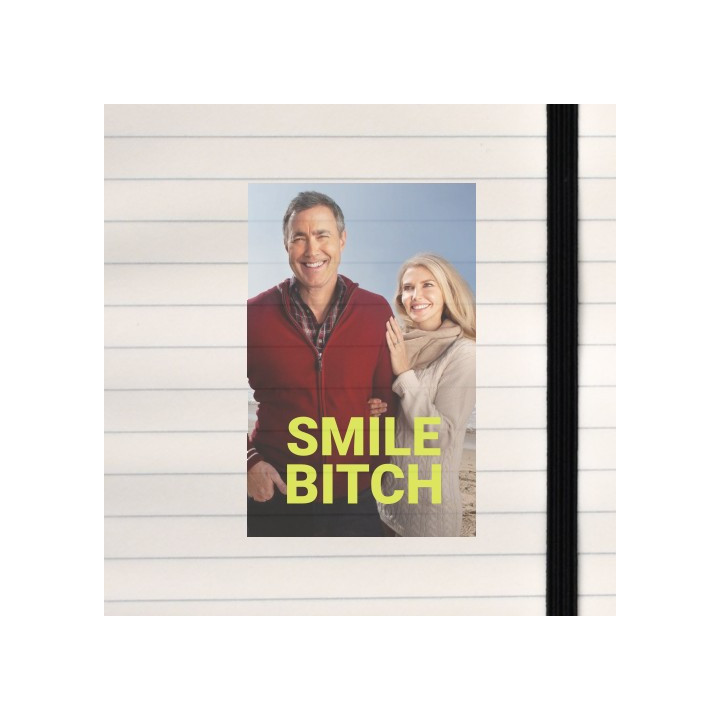 A cheerful beach photo of a couple is overlaid with bold, abrasive text, creating a jarring contrast between the warm scene and
