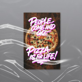 A bold and playful pizza-themed layout combines graffiti-style typography with a vibrant food image to celebrate the eternal lov