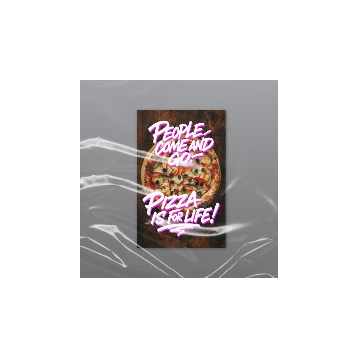 A bold and playful pizza-themed layout combines graffiti-style typography with a vibrant food image to celebrate the eternal lov