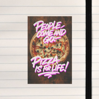 A bold and playful pizza-themed layout combines graffiti-style typography with a vibrant food image to celebrate the eternal lov
