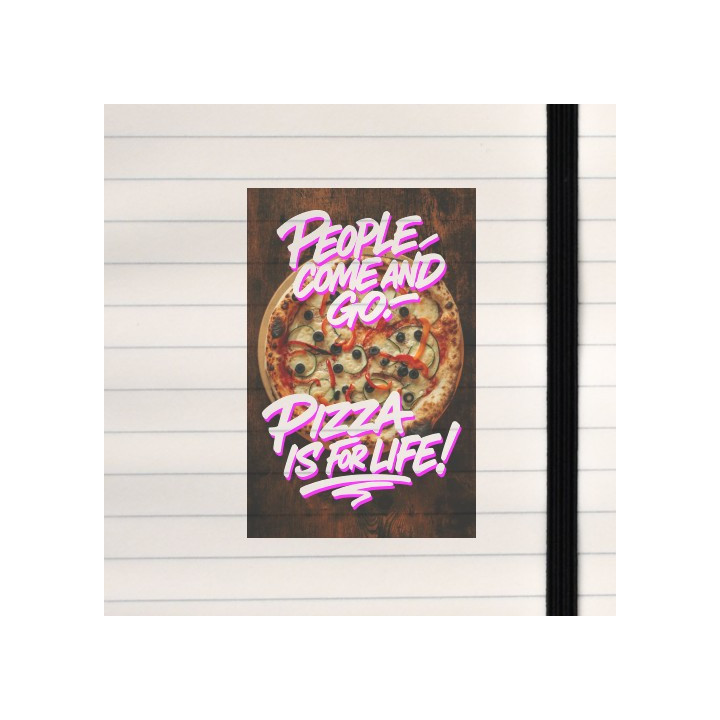 A bold and playful pizza-themed layout combines graffiti-style typography with a vibrant food image to celebrate the eternal lov