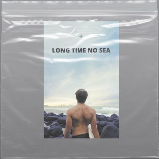 A coastal-themed layout featuring a surfer facing the ocean with a playful “LONG TIME NO SEA” headline.