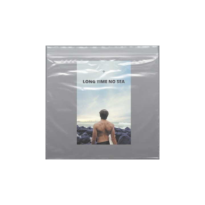 A coastal-themed layout featuring a surfer facing the ocean with a playful “LONG TIME NO SEA” headline.