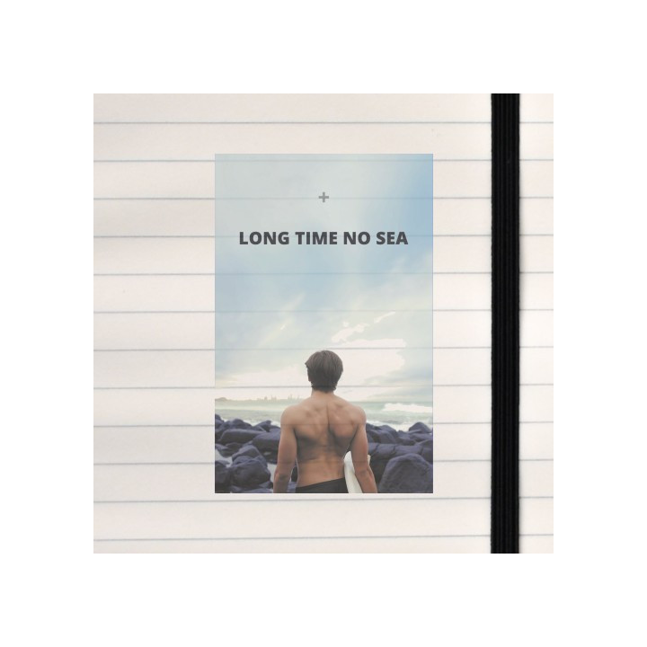 A coastal-themed layout featuring a surfer facing the ocean with a playful “LONG TIME NO SEA” headline.