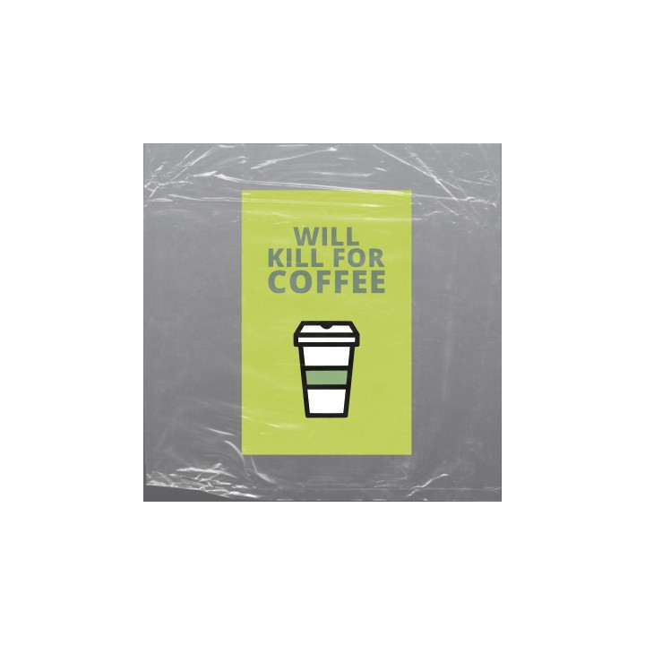 Will kill for coffee on a paper cup illustration.