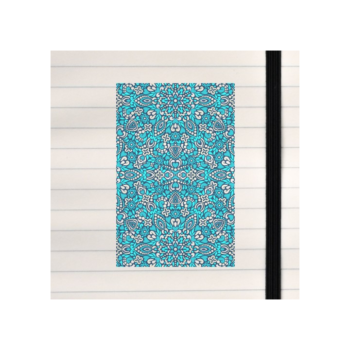 A symmetrical mandala-style pattern built from layered floral and paisley shapes in cool blue and turquoise tones.