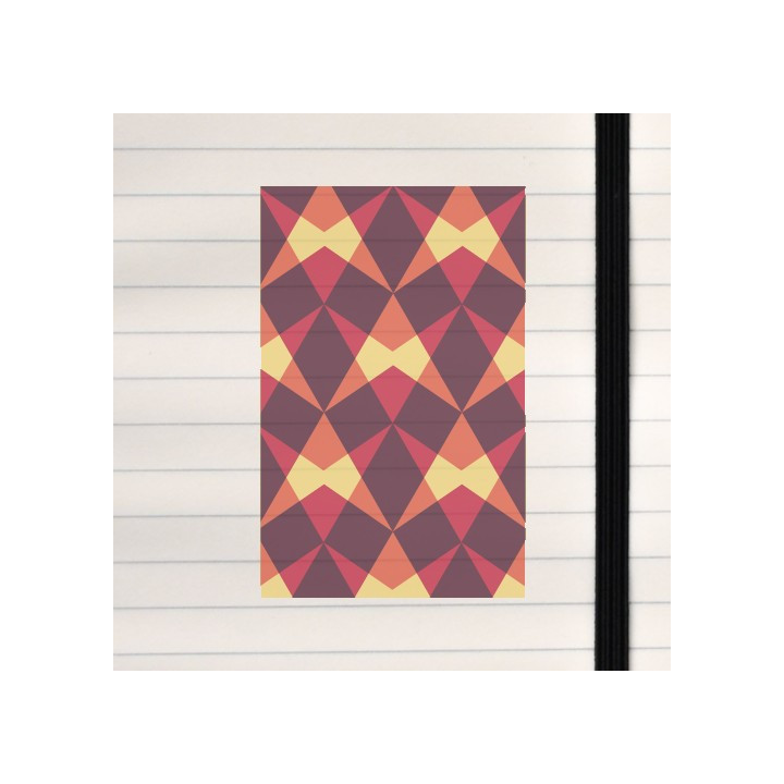 This design is a bold geometric pattern built from repeating triangles and diamond shapes in warm, glowing colors that create a