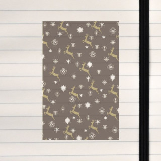 A cozy winter pattern featuring leaping reindeer, snowflakes, and stars on a rich brown backdrop.
