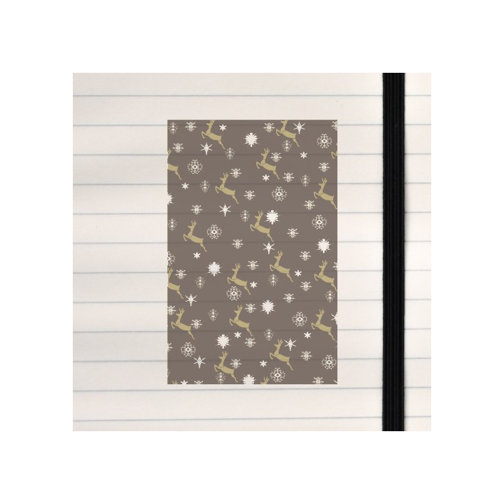 A cozy winter pattern featuring leaping reindeer, snowflakes, and stars on a rich brown backdrop.