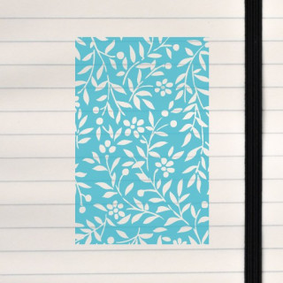 A bright turquoise floral pattern with white stylized flowers and flowing curved lines.