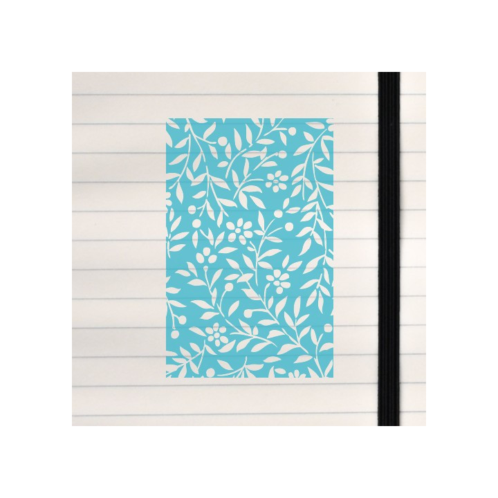 A bright turquoise floral pattern with white stylized flowers and flowing curved lines.