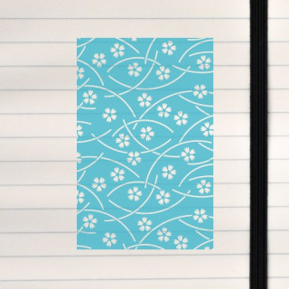 A bright turquoise floral pattern with white stylized flowers and flowing curved lines.
