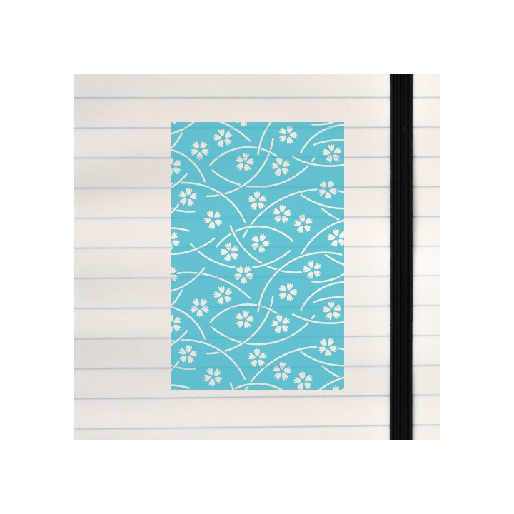 A bright turquoise floral pattern with white stylized flowers and flowing curved lines.