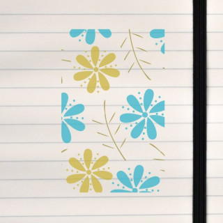 A cheerful floral pattern with blue and mustard flowers, olive leaves, and a soft cream background.