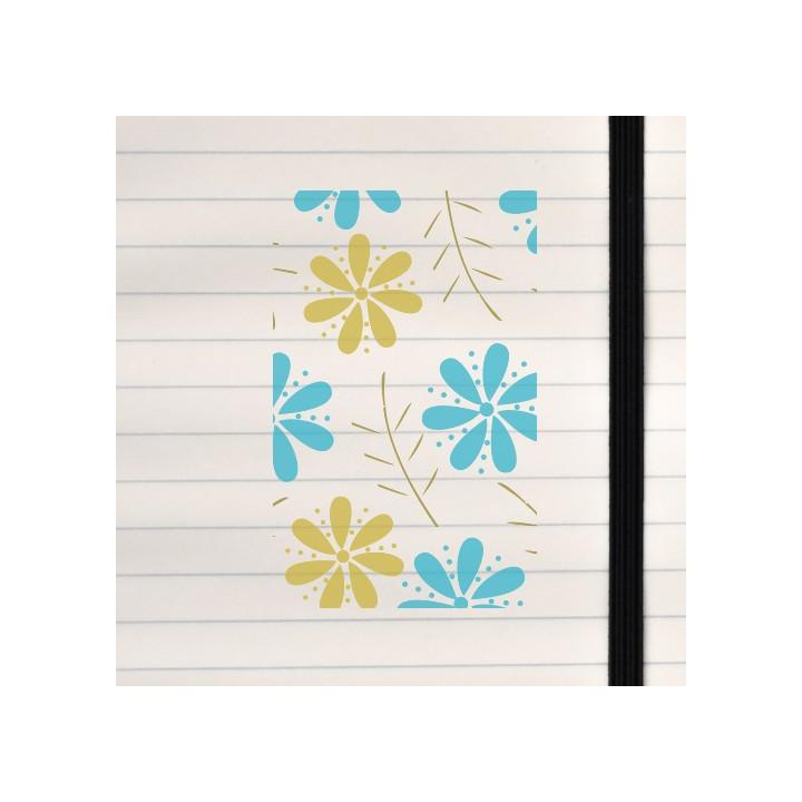 A cheerful floral pattern with blue and mustard flowers, olive leaves, and a soft cream background.