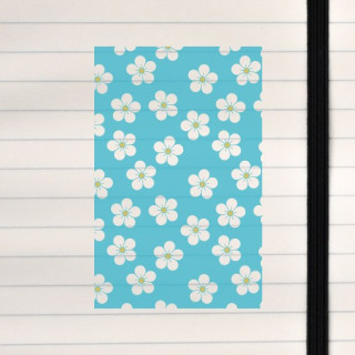 A playful turquoise floral pattern with white five‑petaled flowers and colorful centers.