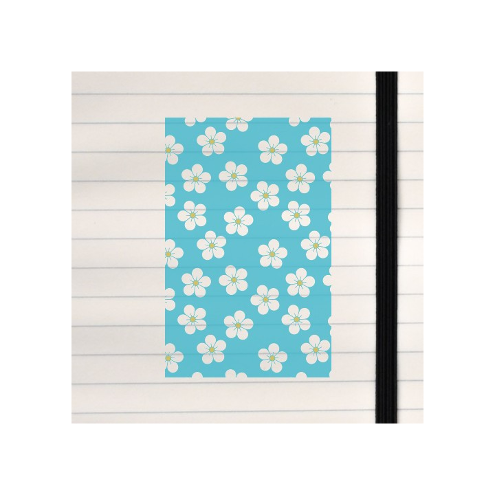 A playful turquoise floral pattern with white five‑petaled flowers and colorful centers.