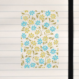 A cheerful cream‑background floral pattern with blue and yellow blooms and olive‑green leaves.