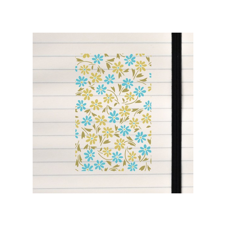 A cheerful cream‑background floral pattern with blue and yellow blooms and olive‑green leaves.