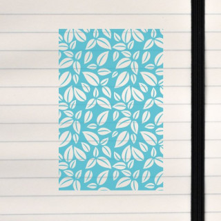 A lively blue‑background pattern filled with crisp white stylized leaves.