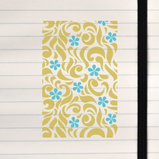 A lively cream‑background pattern with mustard swirls and bright blue flowers.