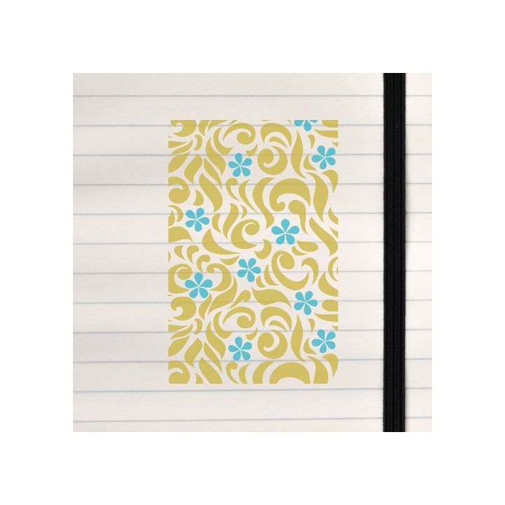 A lively cream‑background pattern with mustard swirls and bright blue flowers.
