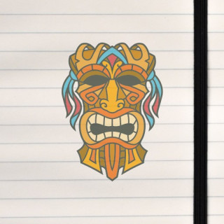 A stylized tiki mask with bold lines, carved‑wood textures, and a dramatic, expressive face.