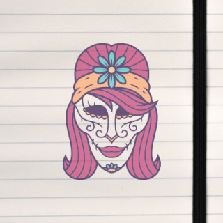 A decorative Day‑of‑the‑Dead–style female sugar‑skull face with floral accents and vibrant magenta‑purple hair.