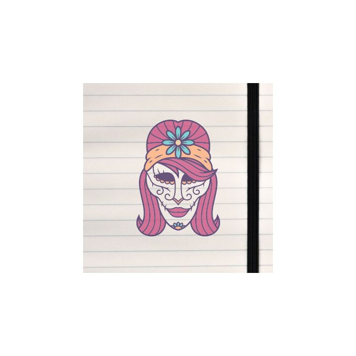 A decorative Day‑of‑the‑Dead–style female sugar‑skull face with floral accents and vibrant magenta‑purple hair.