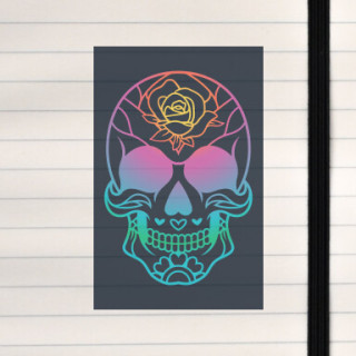 A colorful gradient sugar skull decorated with ornate patterns and a central rose motif.