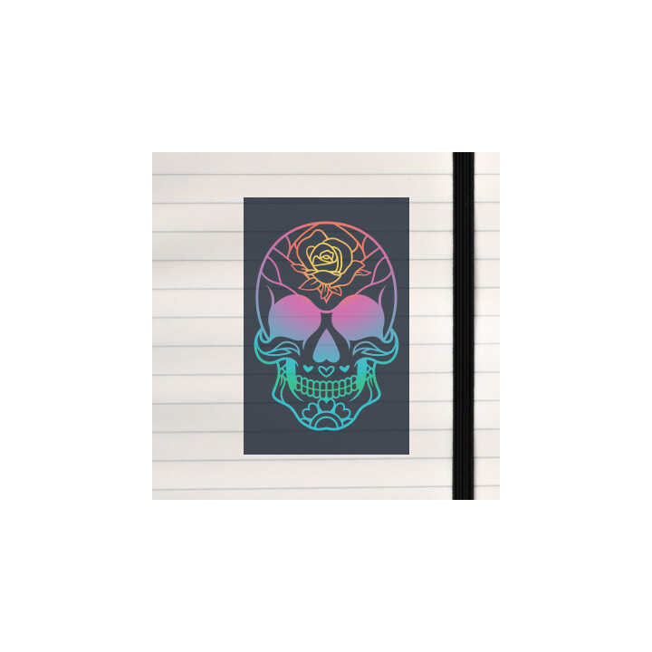 A colorful gradient sugar skull decorated with ornate patterns and a central rose motif.