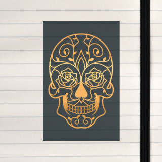 A richly detailed sugar skull with warm golden‑orange gradients and intricate ornamental patterns set against a deep, dark backg
