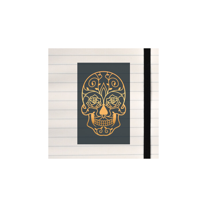 A richly detailed sugar skull with warm golden‑orange gradients and intricate ornamental patterns set against a deep, dark backg