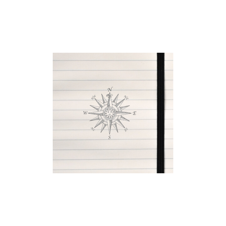 A classic black‑and‑white compass rose featuring a sun face at the center and ornate directional points.