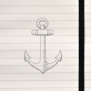 A detailed black‑and‑white anchor illustration with textured stippling and classic nautical character.