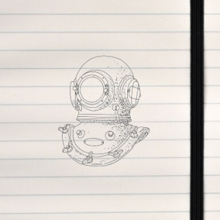 A detailed black‑and‑white stippled drawing of a classic deep‑sea diving helmet.