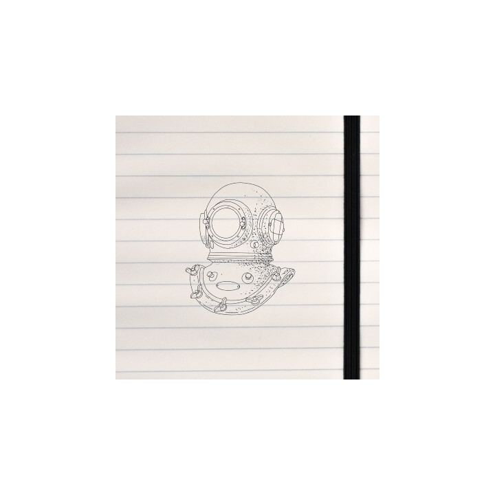A detailed black‑and‑white stippled drawing of a classic deep‑sea diving helmet.