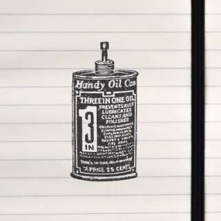 A detailed black‑and‑white drawing of a classic Three‑In‑One handy oil can with vintage typography.