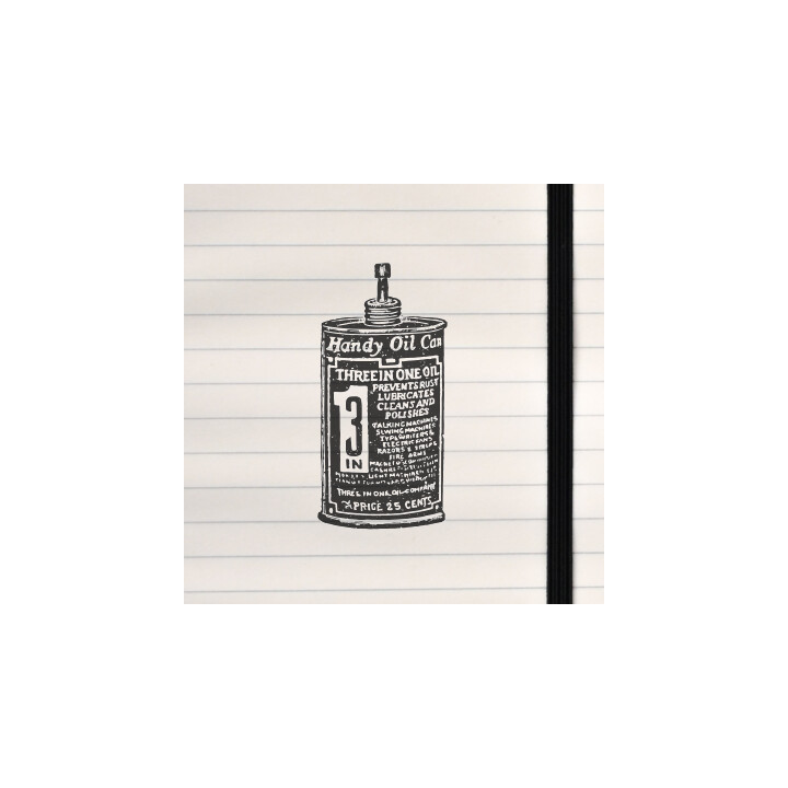 A detailed black‑and‑white drawing of a classic Three‑In‑One handy oil can with vintage typography.