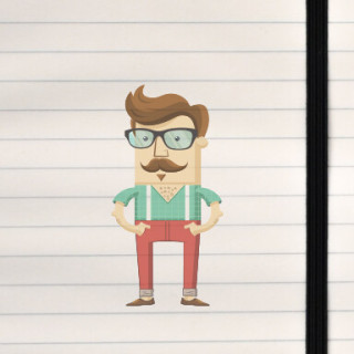 A stylized geometric character with bold colors, vintage flair, and a confident, humorous attitude.
