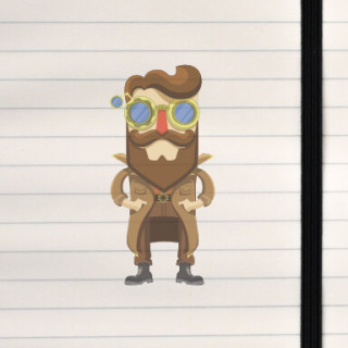 A bold, gear‑inspired character design blending whimsical cartoon geometry with classic steampunk flair.