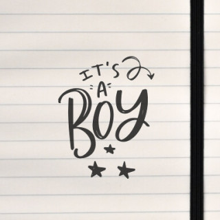 A playful, upbeat baby‑announcement design with bold lettering, stars, and a cheerful decorative arrow.