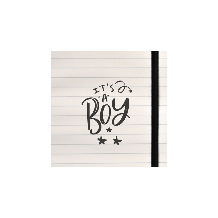 A playful, upbeat baby‑announcement design with bold lettering, stars, and a cheerful decorative arrow.