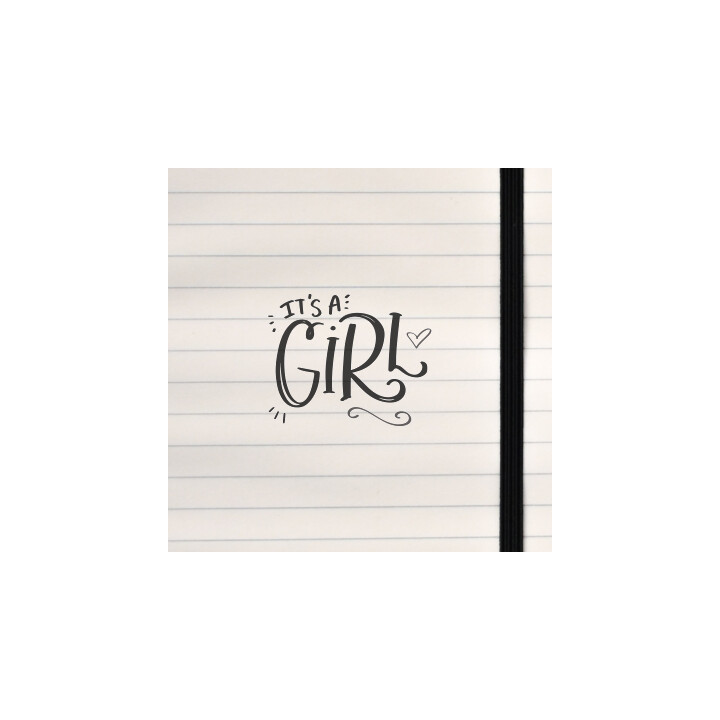 A playful, upbeat baby‑announcement design with bold lettering, stars, and a cheerful decorative arrow.