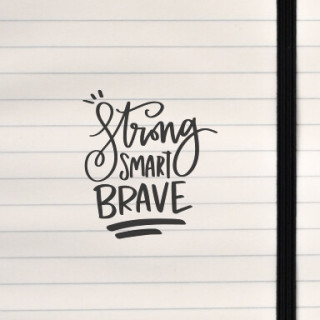 An empowering three‑word typographic design using varied lettering styles to emphasize strength, intelligence, and courage.